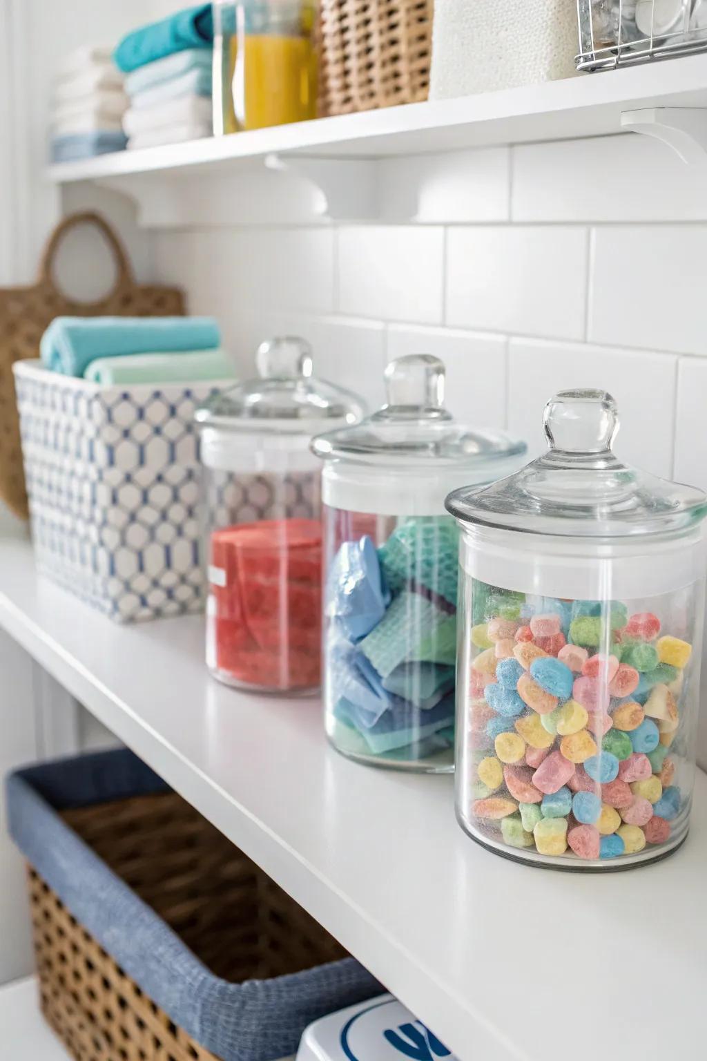 Crystal cannisters provide versatile stowage for washing necessities.