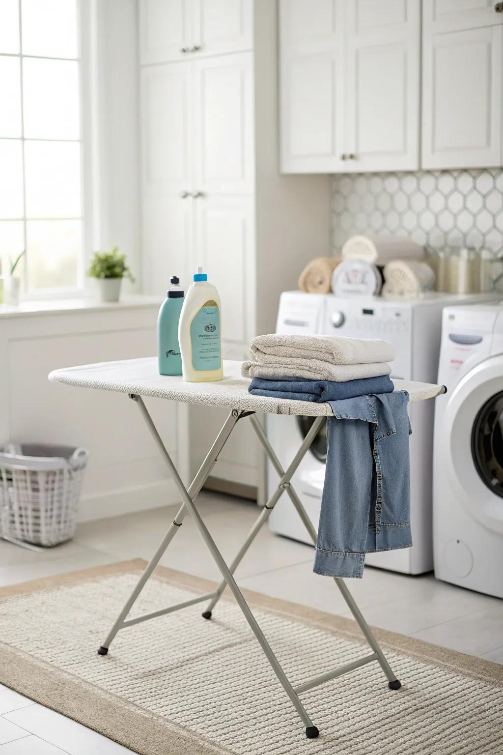 A minimalist table improves a peaceful laundry area.