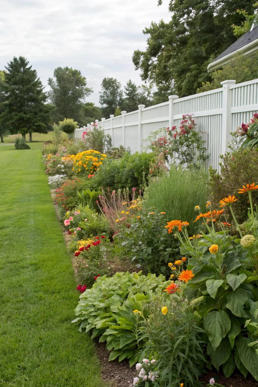 A harmonious mix of companion plants flourishing together with a healthy lawn.