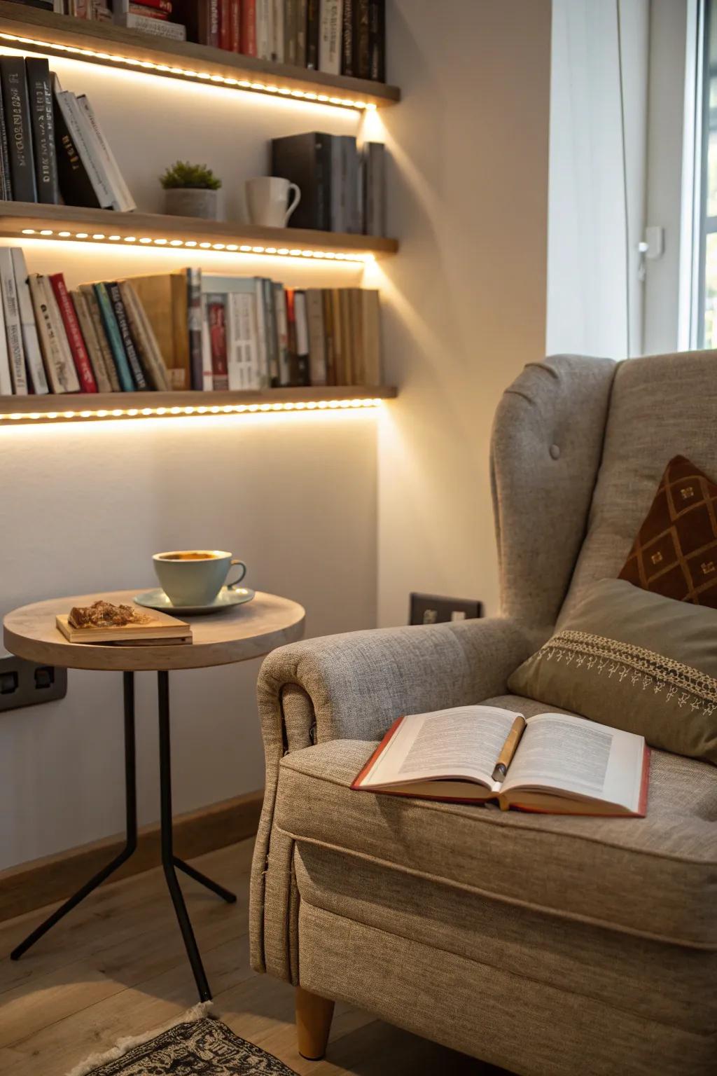 A cozy reading area is lit by SparkLights.