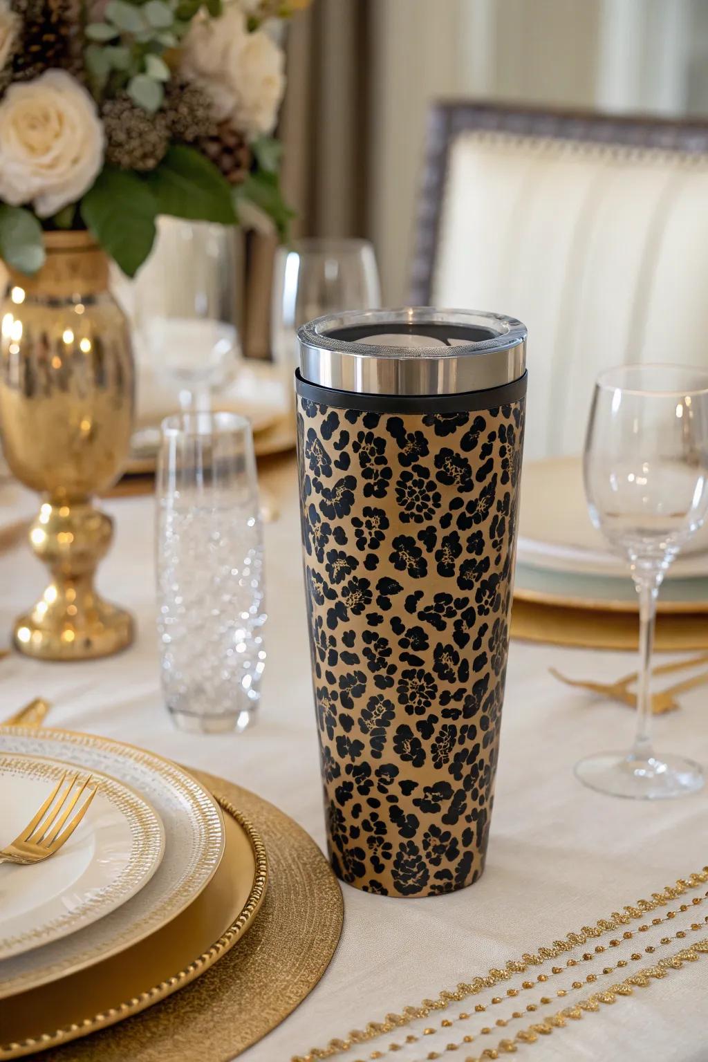 Effortlessly chic black and gold leopard print 'Hydrate in Style' for sophisticated celebrations.