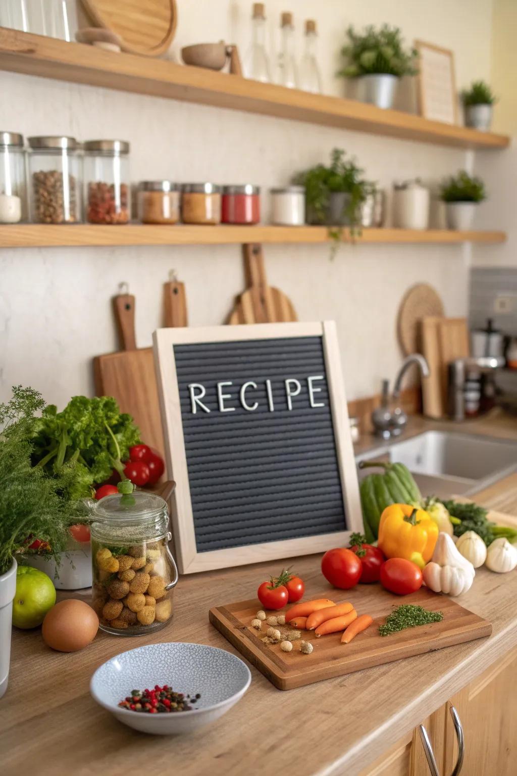 Finding inspiration for the next meal with a weekly recipe showcased on a letter board.