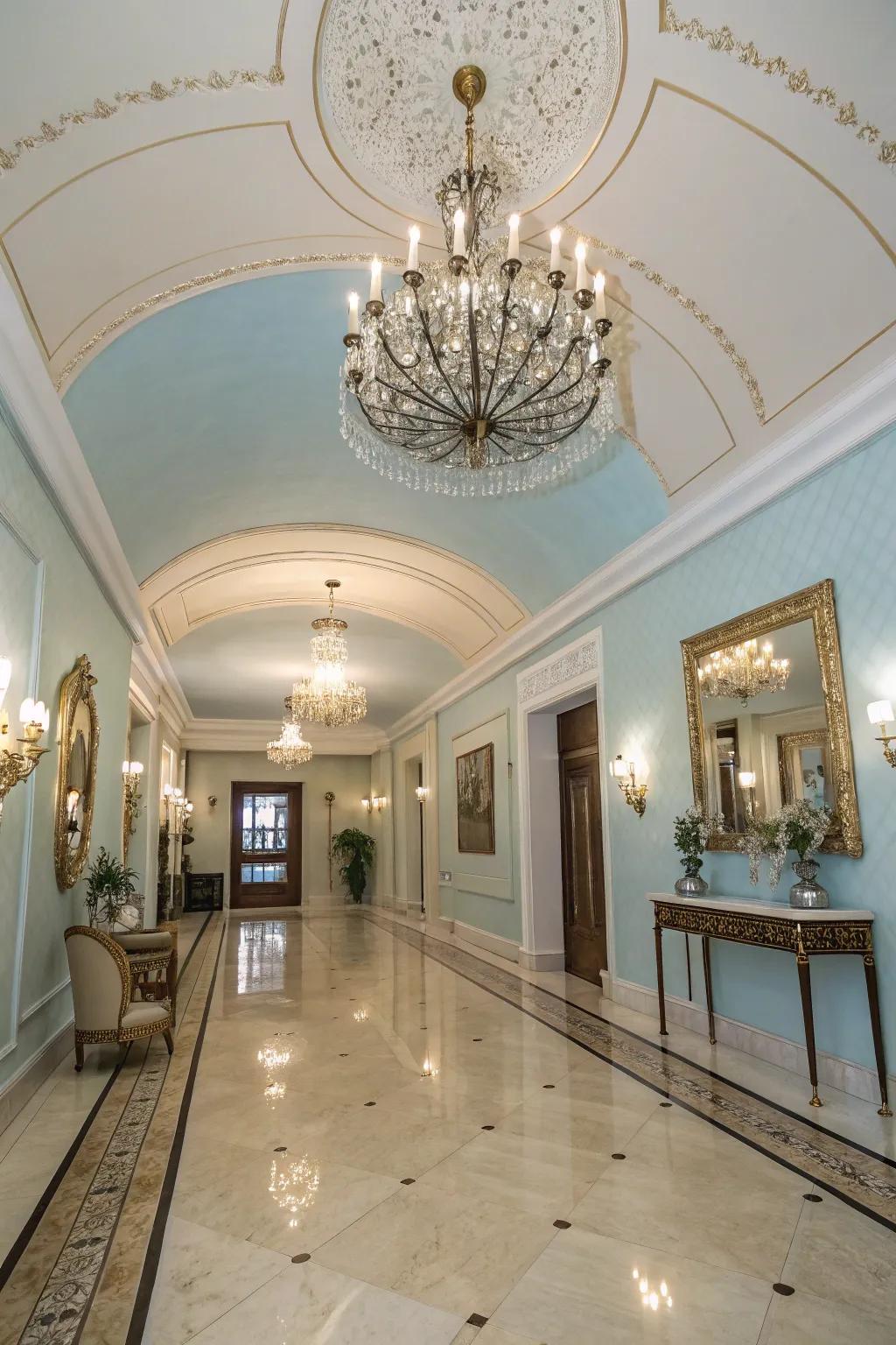 A welcoming foyer with a stylish light blue ceiling.