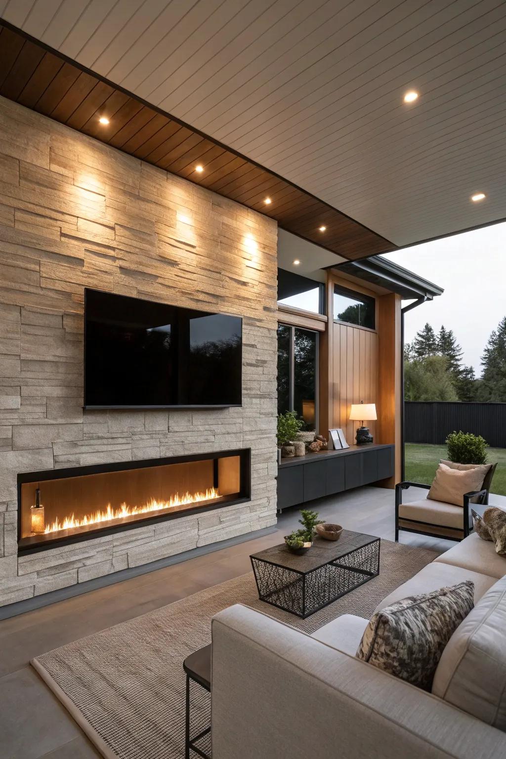 Create atmosphere with spot lighting surrounding your fireplace.