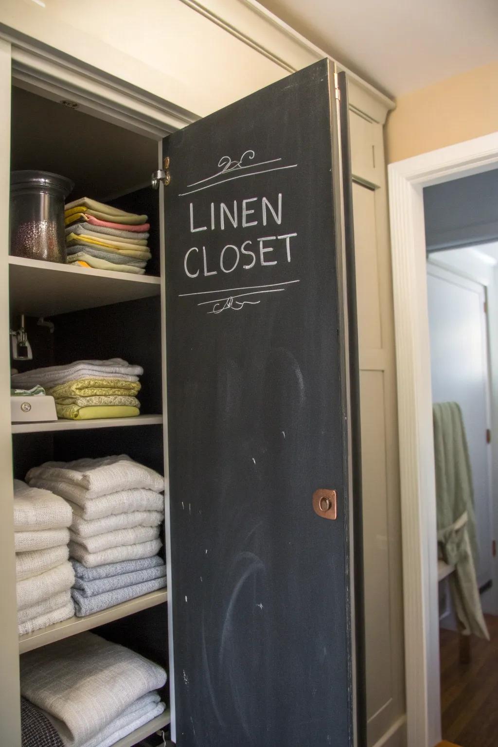 Writing board entries adding a playful and functional element to a linen storage.