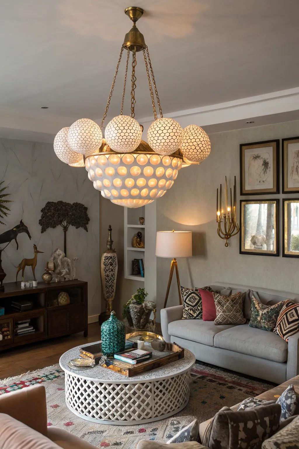 A living room with a skewed chandelier showcasing playful geometry.