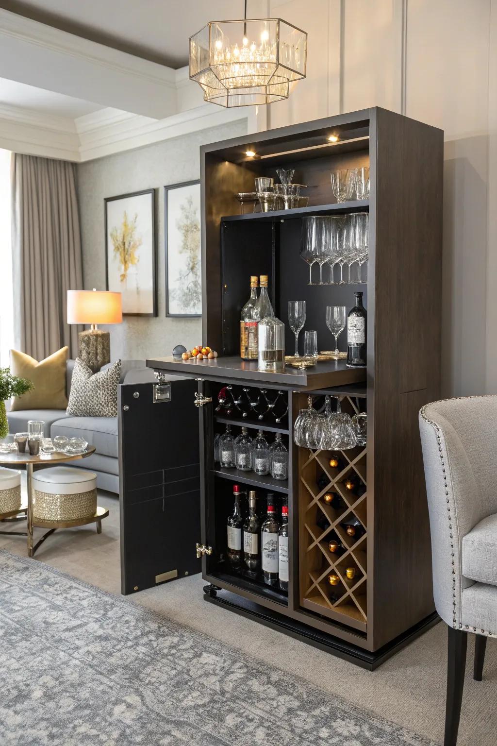 A chic mini home bar using cube storage for stylish entertainment.