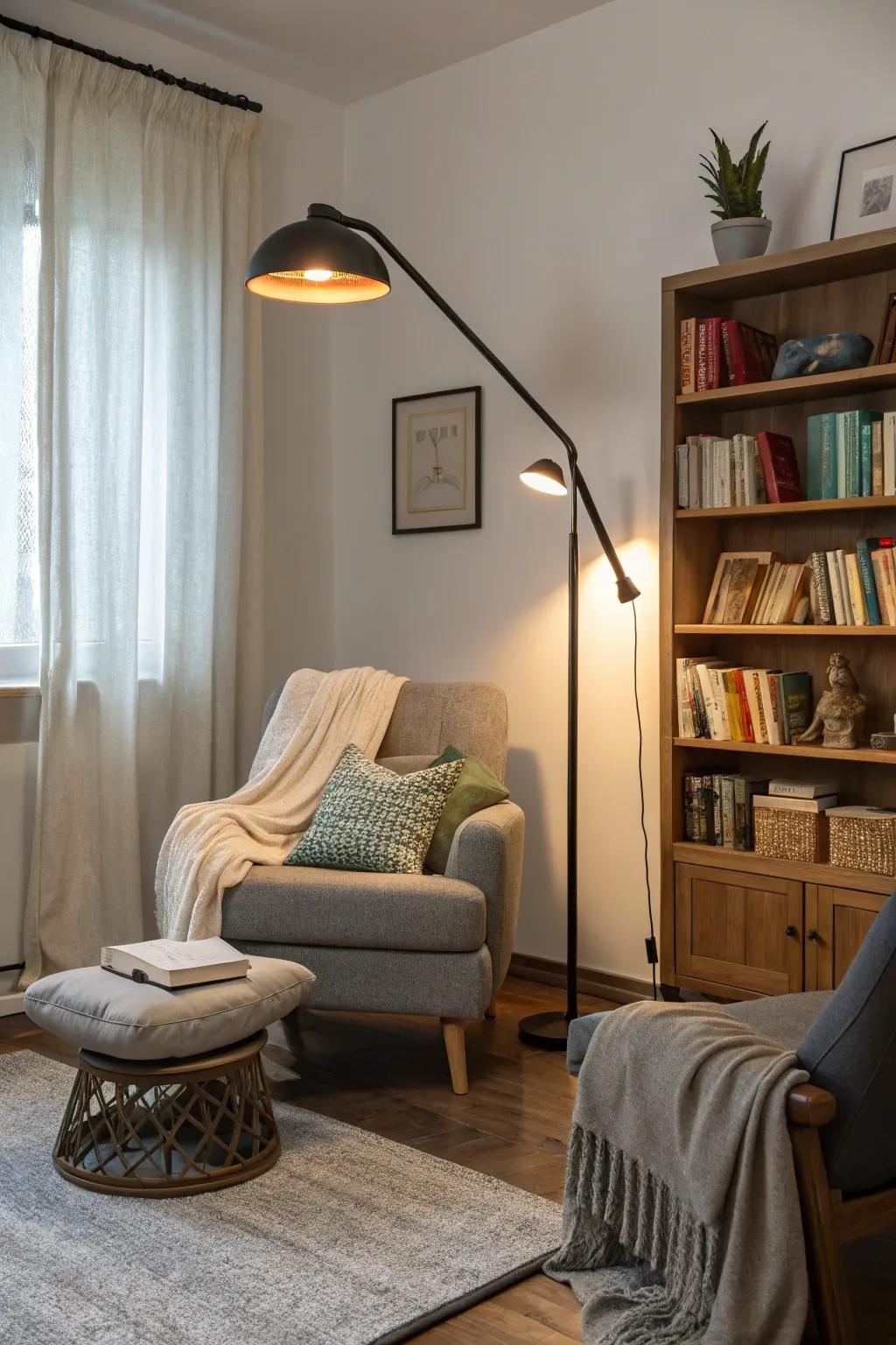 A cozy living room featuring an adjustable work floor lamp.