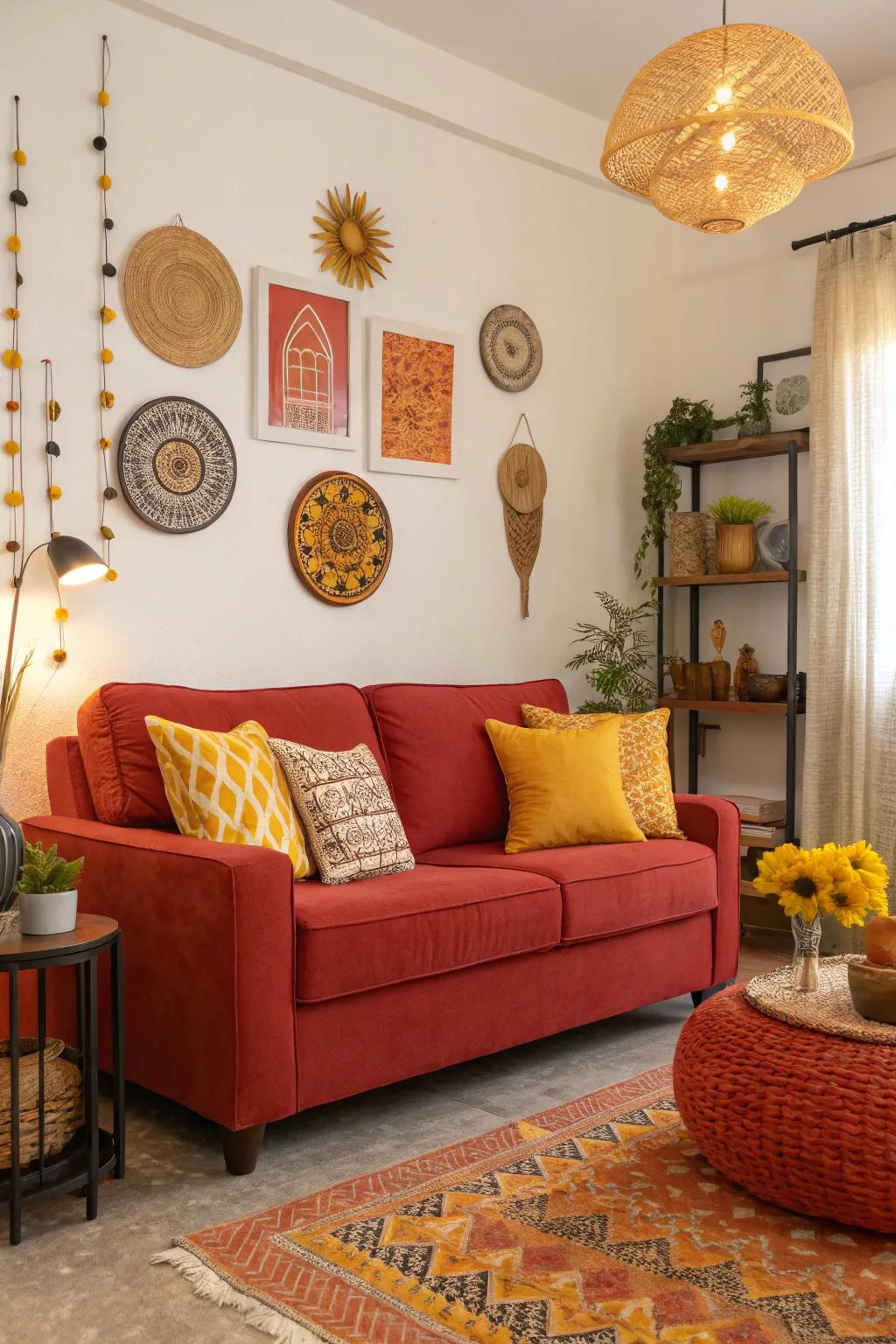 Creating warmth and harmony, comparable colors enhance the scarlet sofa's inviting vibe.