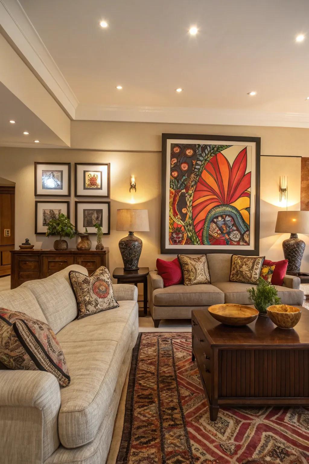 Striking artwork emerges as the focus of this chic family room.