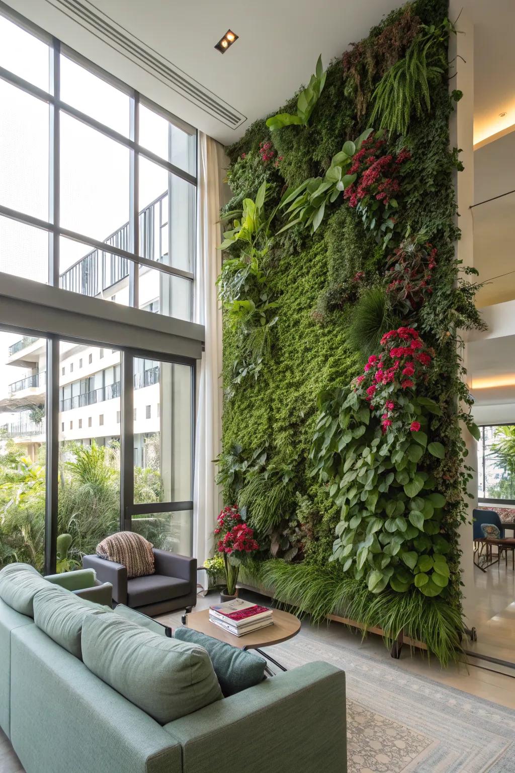 A verdant wall delivers a captivating focal point.