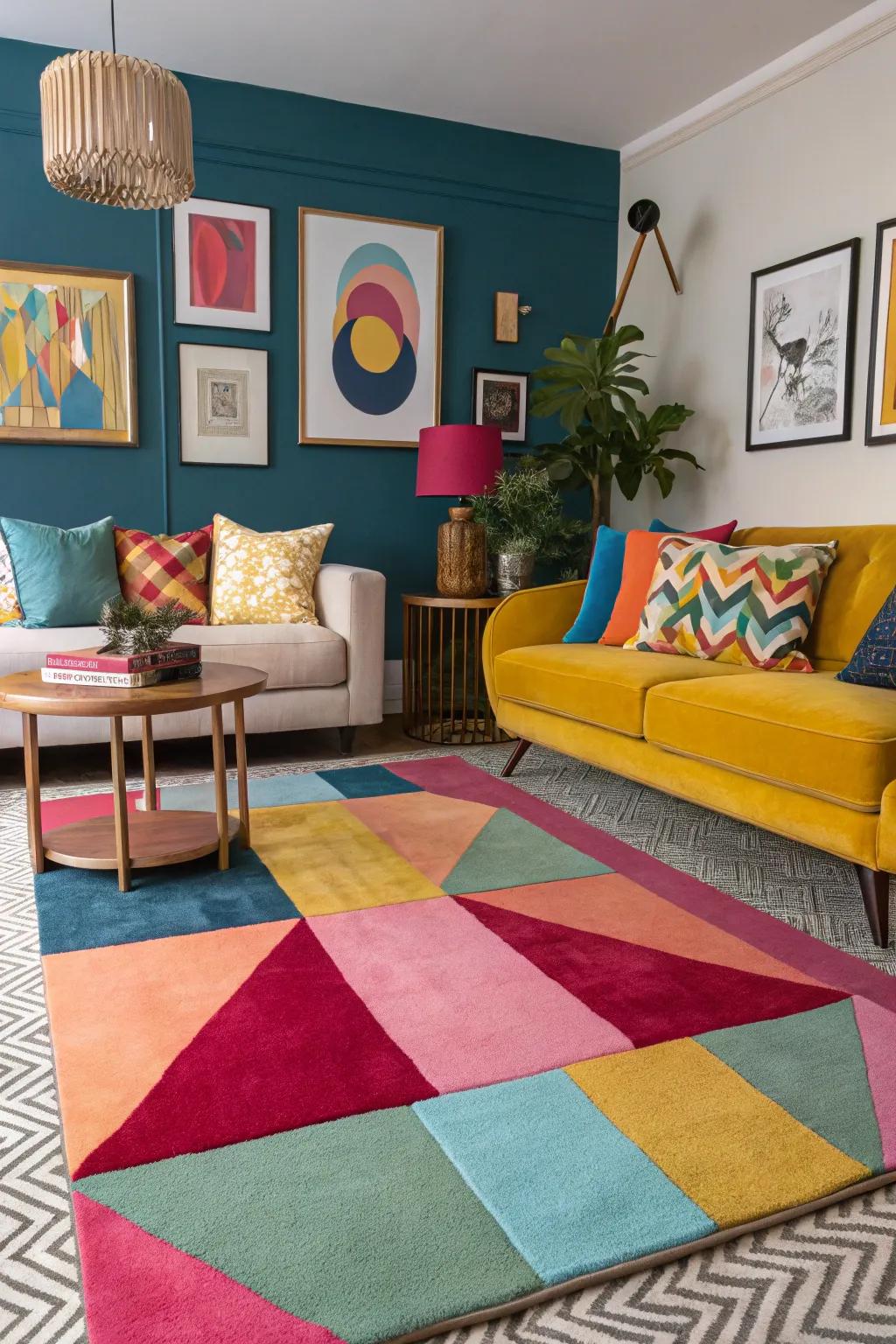 Color-blocked rugs: where art meets comfort in the heart of your home.