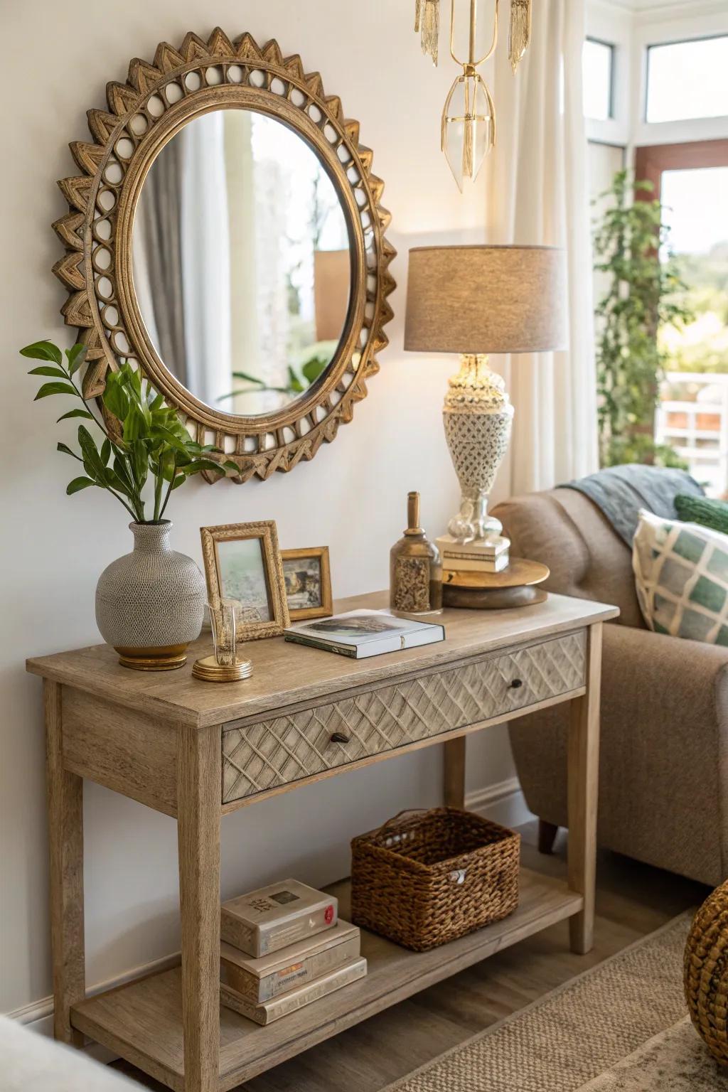 Reflective surfaces on side tables create the illusion of more space.
