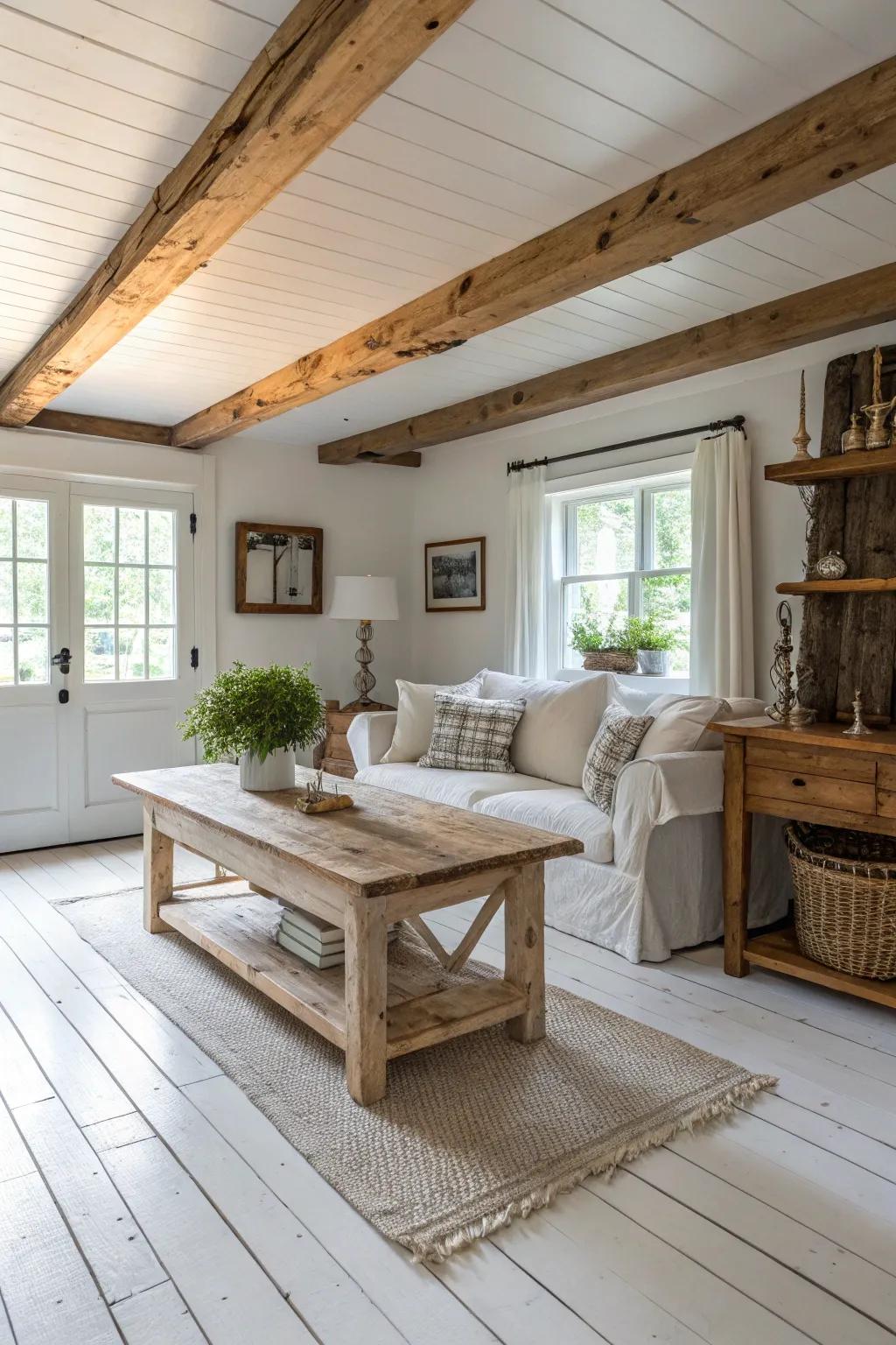 Country touches offer a cozy contrast to sleek white wood floors.