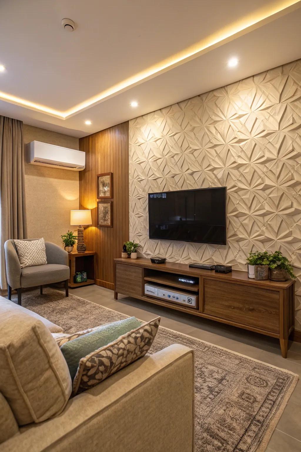 An accent wall enriches the TV space with depth.