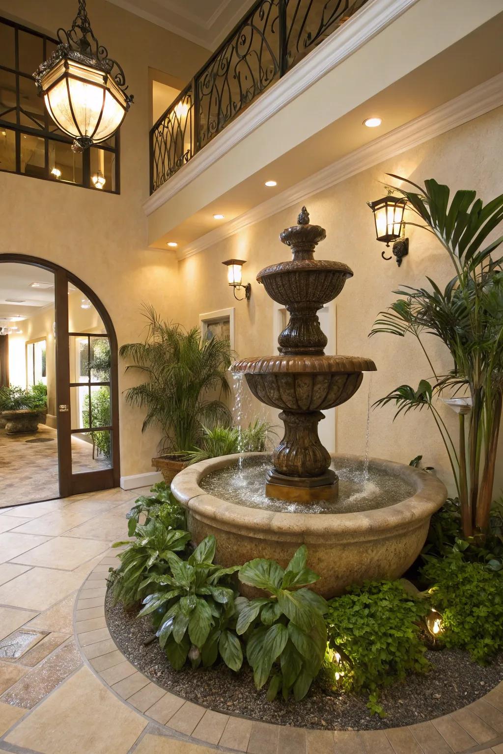 A calming entryway with a water feature