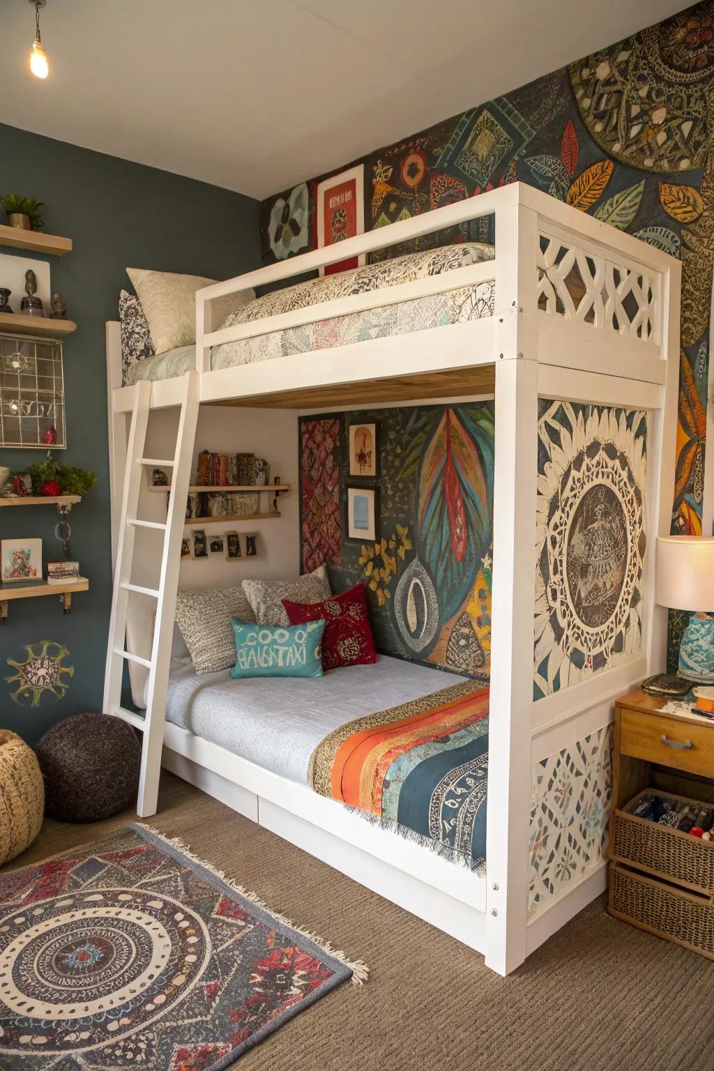 A raised sleeping platform that doubles as a canvas for artistic expression.