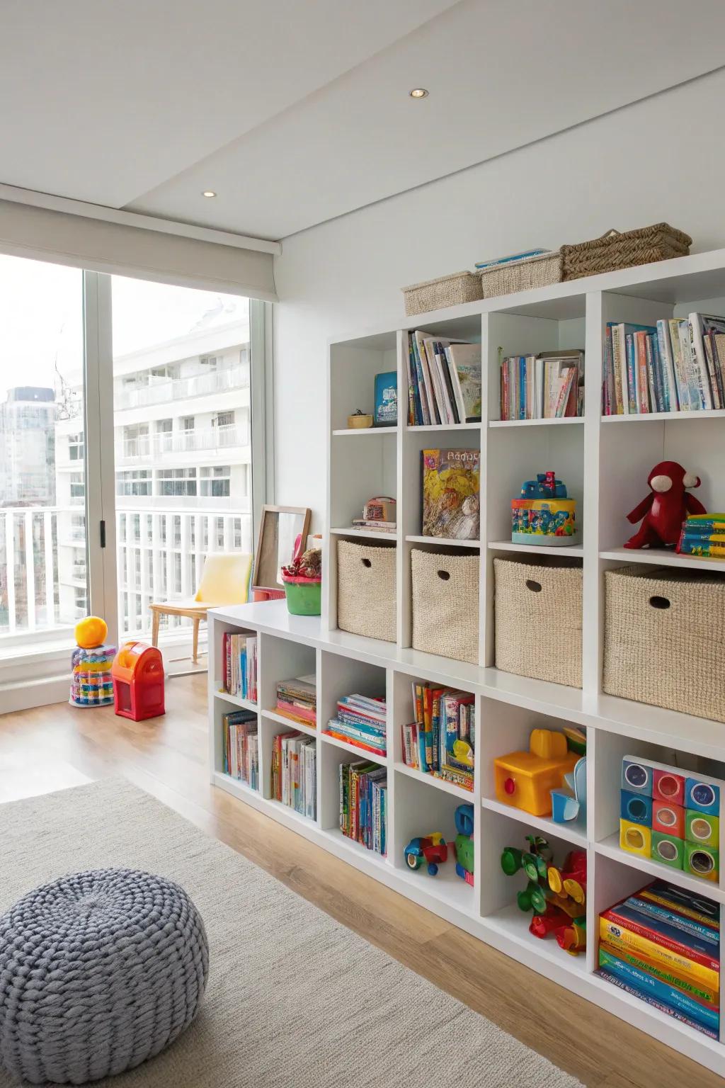An integrated storage system keeps the playroom organized.