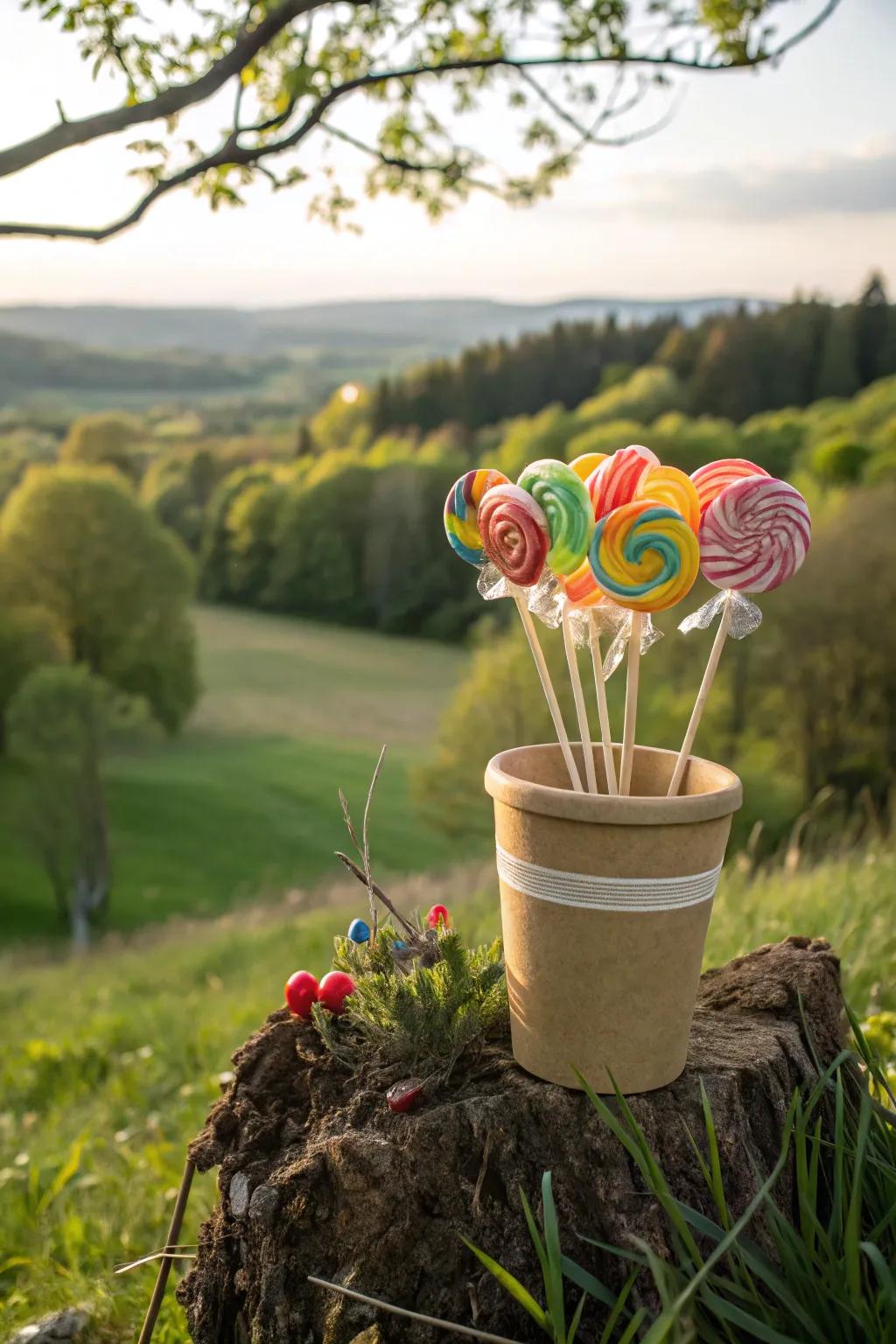 An environmentally conscious candy bouquet inside a biodegradable container