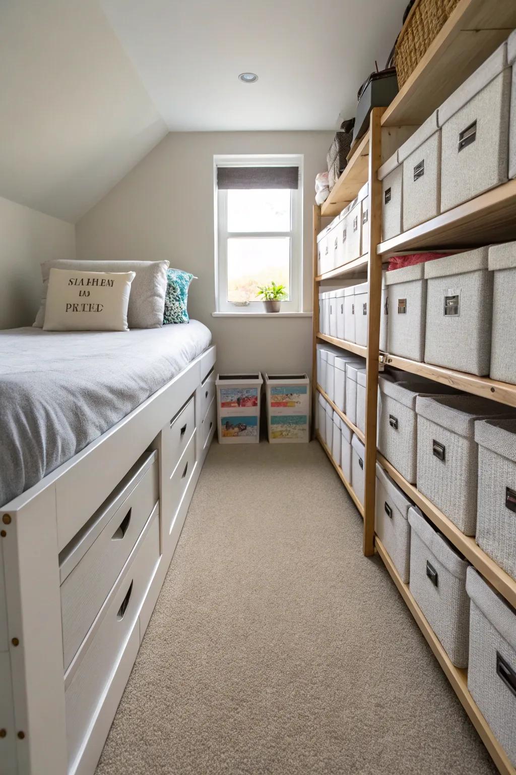 Under-bed storage ensures a clutter-free space.