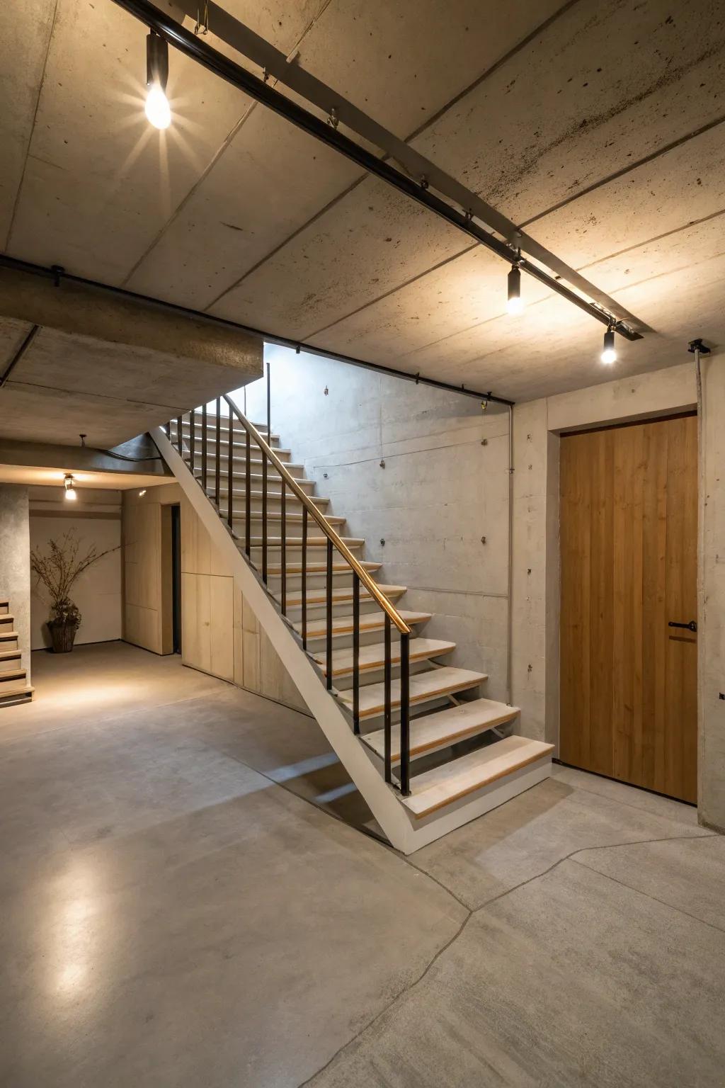 Open stairs add a modern, airy feel to the basement.