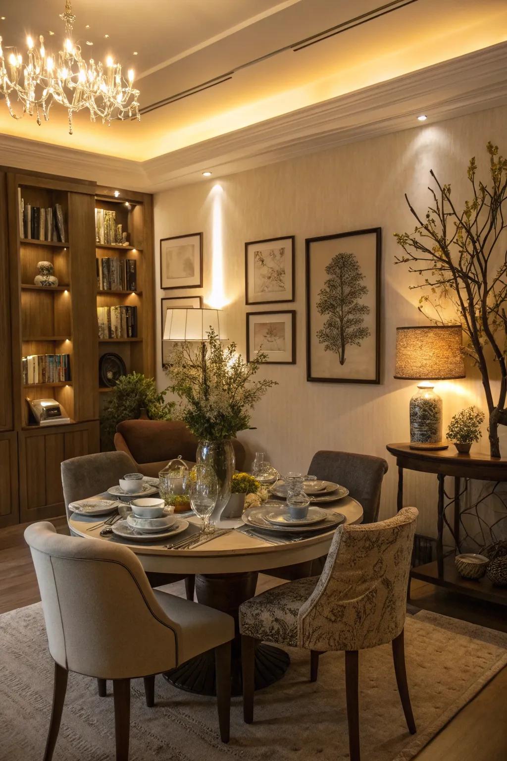 In a dining area, spot lighting highlights the décor.