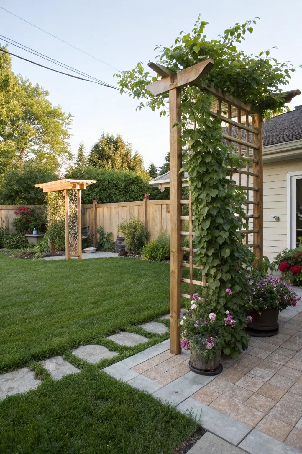 A wooden support with climbing plants adding height and interest.