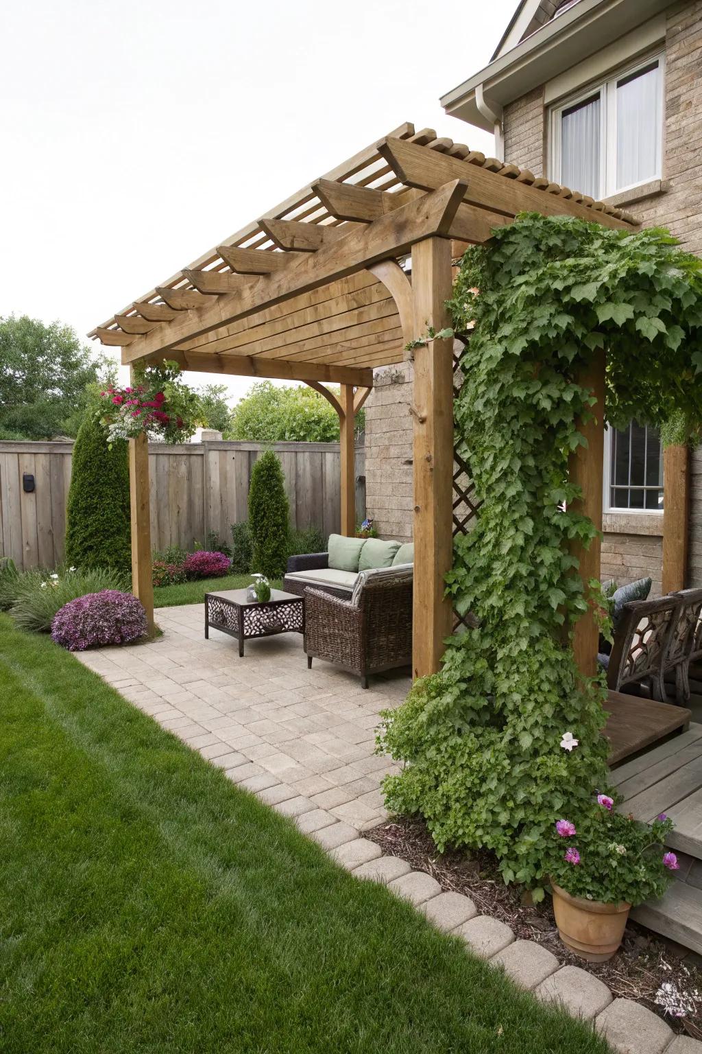 A pergola offers shade and a charming retreat.