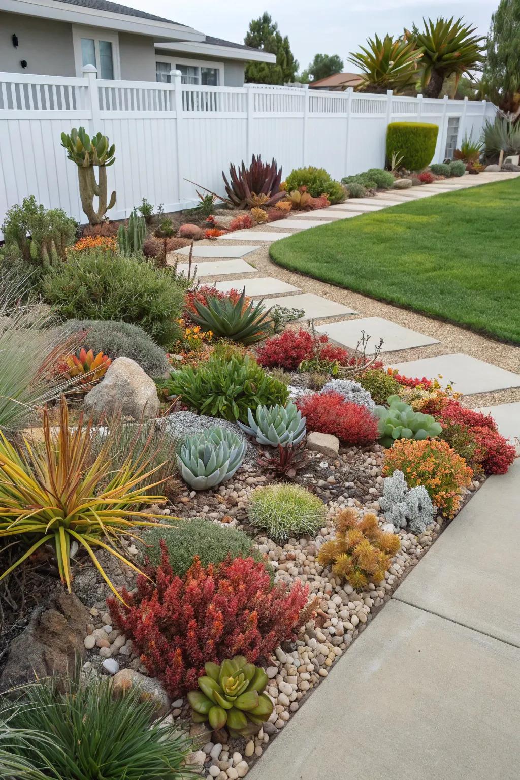 Unusual plant combinations add intrigue to a xeriscape front yard.