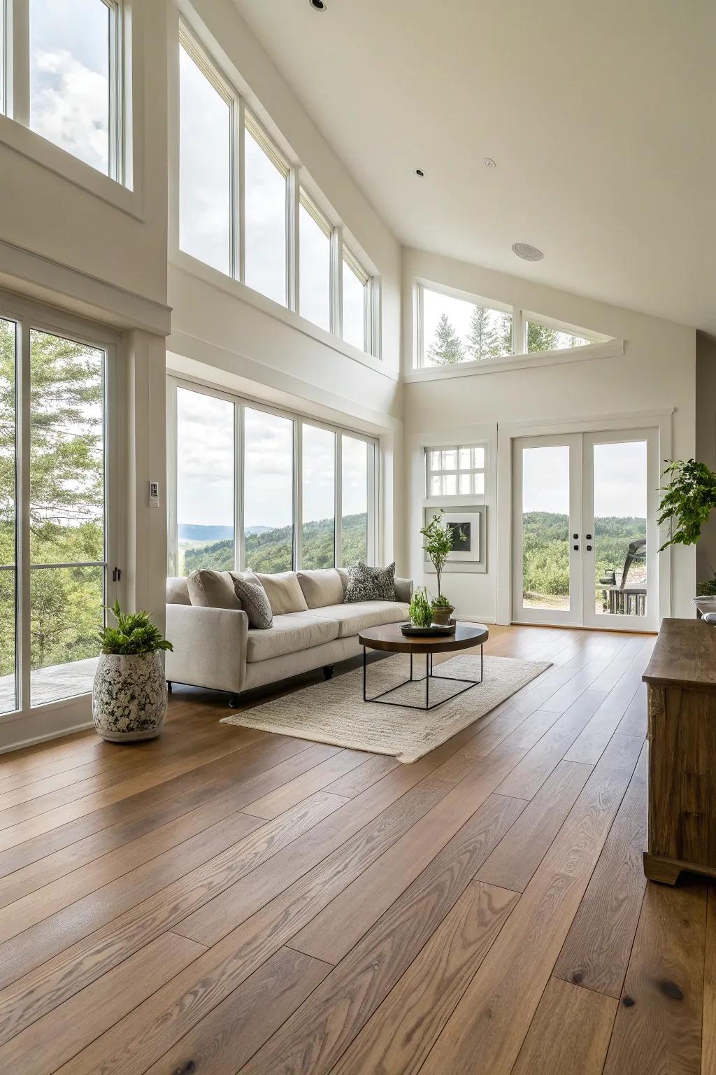 Wide plank hardwood creates a serene and spacious atmosphere.