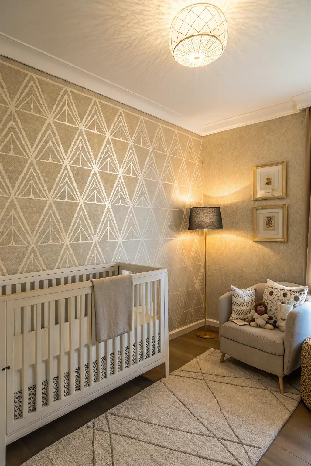 A nursery featuring creative wall finishes with textured wallpaper and geometric shapes.