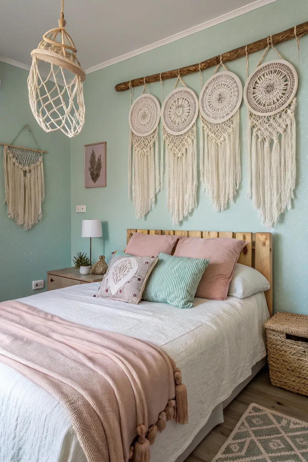 Macrame spirit guards establishing a serene atmosphere.
