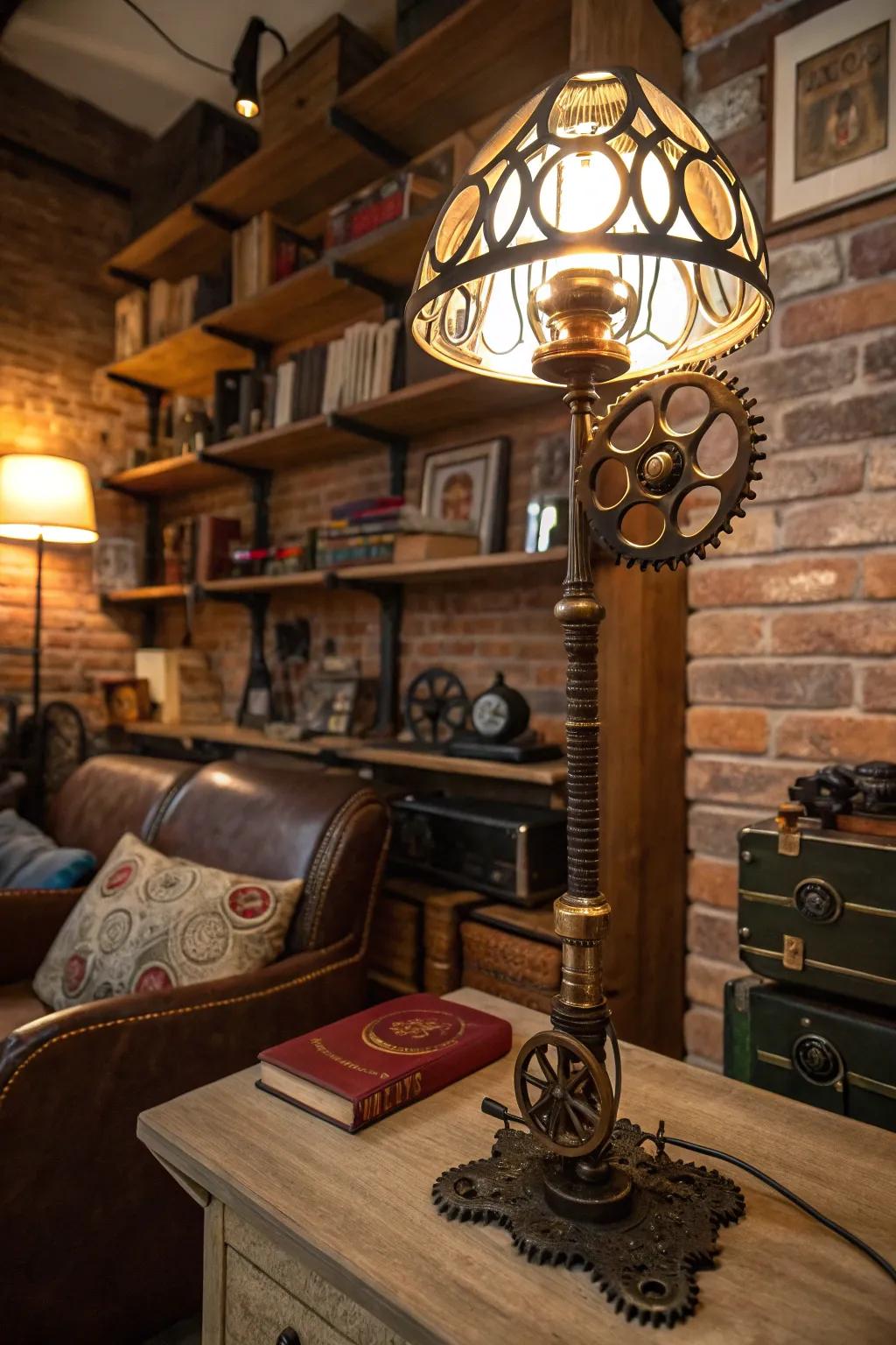 A steampunk lamp adds character and warmth to the decor.