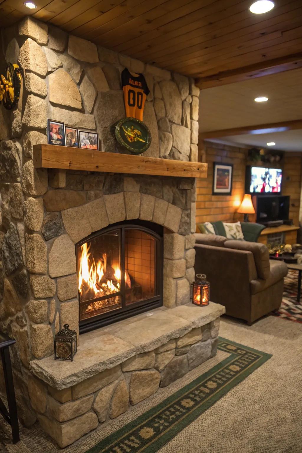 A cozy indoor fireplace enhancing the ambiance of a man cave.