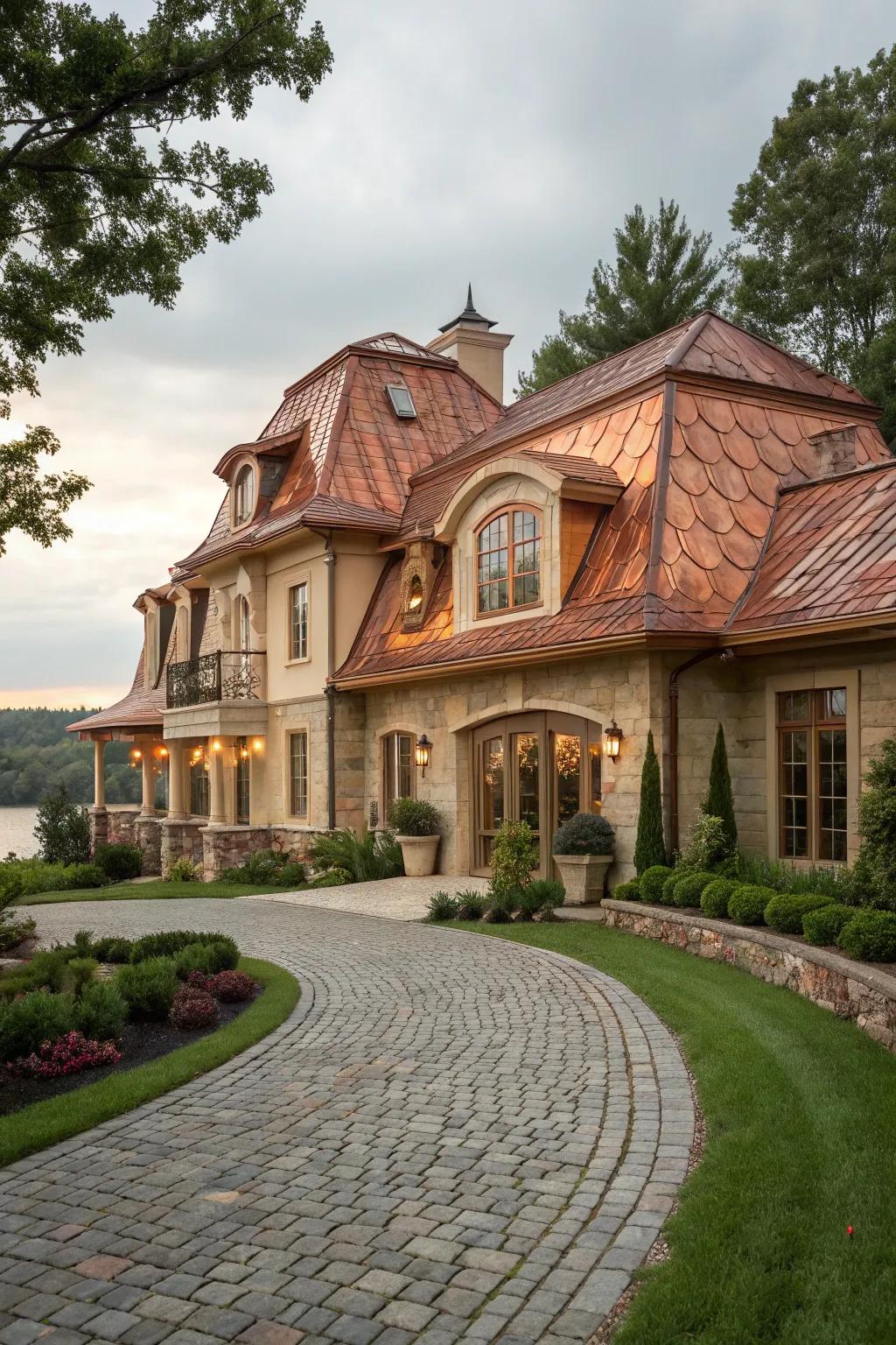 Copper roofing offers a luxurious finish to this mansard roof.