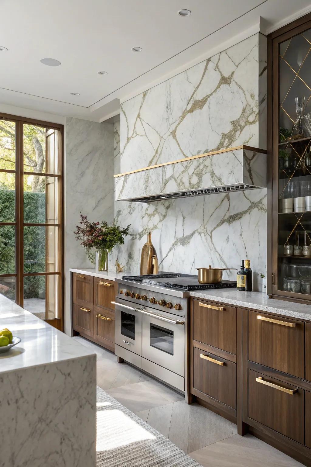 A chic kitchen with marble backsplash and metallic accents.