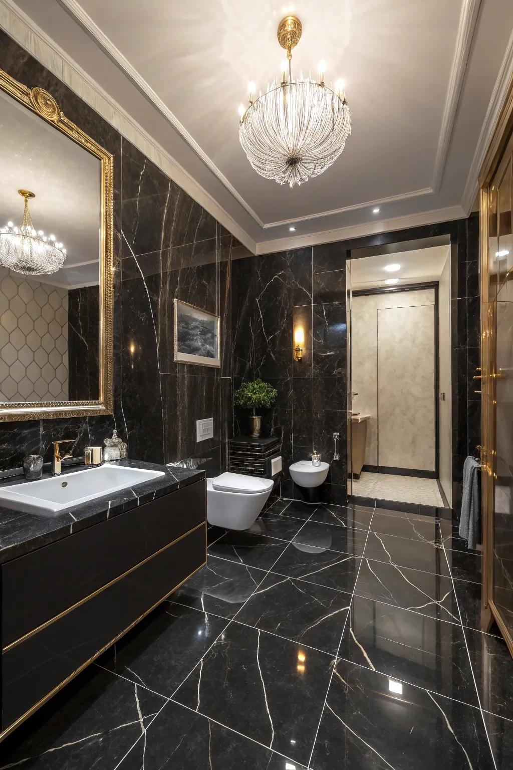 Charcoal stone-look refined slabs crafting a dramatic and chic bathroom atmosphere.
