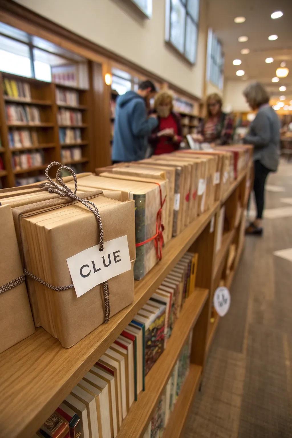 A mystery book challenge display with wrapped books and clues.