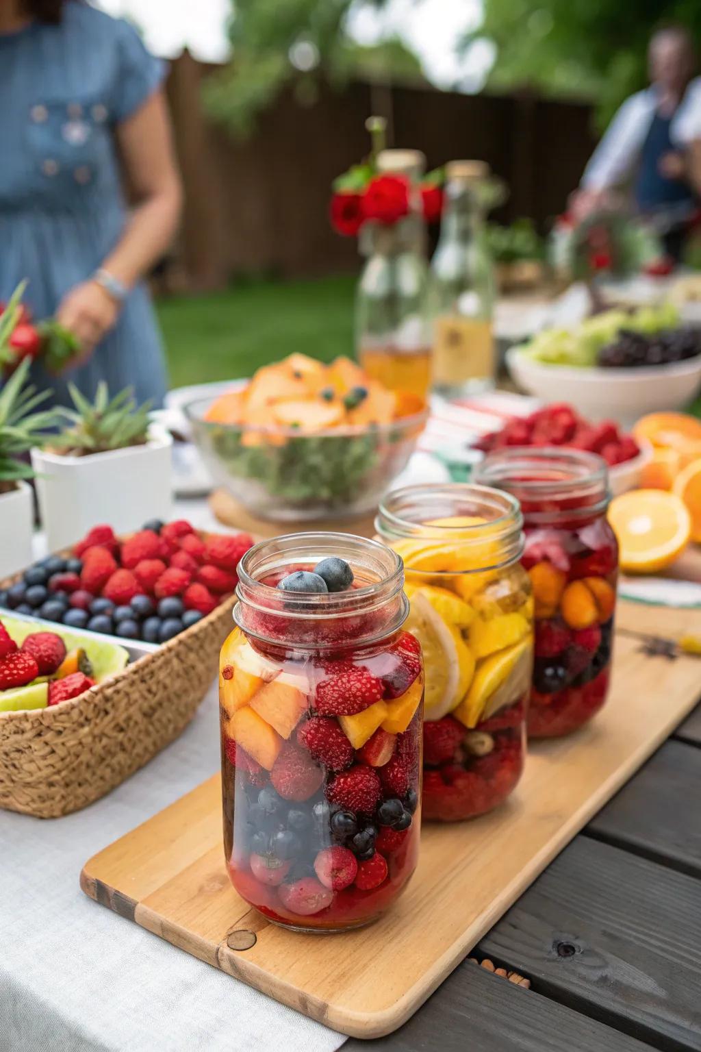 Vibrant fruit-infused mason jar centerpieces.