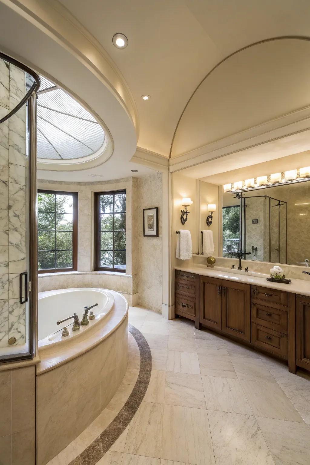 The curved layout provides a soft, flowing design in this distinctive master bathroom.