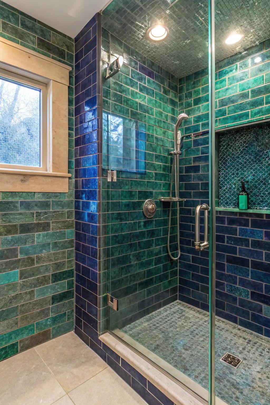 A shower styled with lavish gem-toned pavers, fostering a vibrant, deluxe atmosphere.