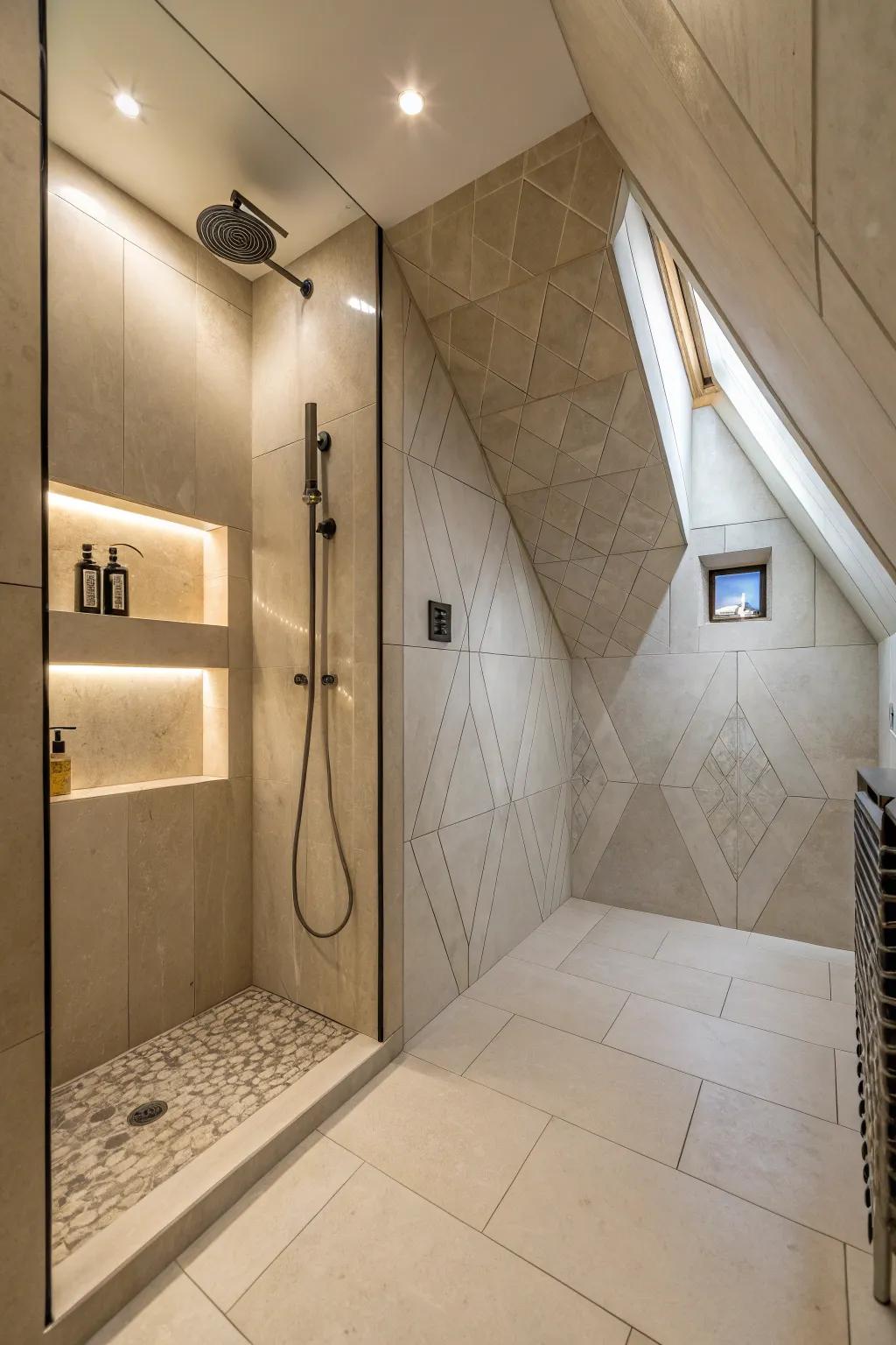 A walk-in shower making use of structural contours.