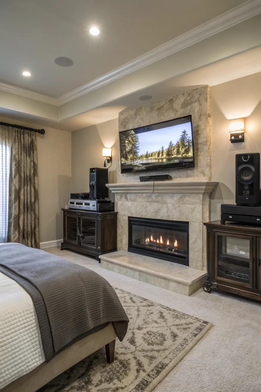 A TV above the fireplace combines functionality with style.