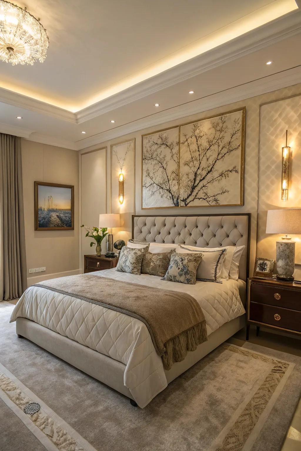 A distinctive wall art adds personality to the master bedroom.