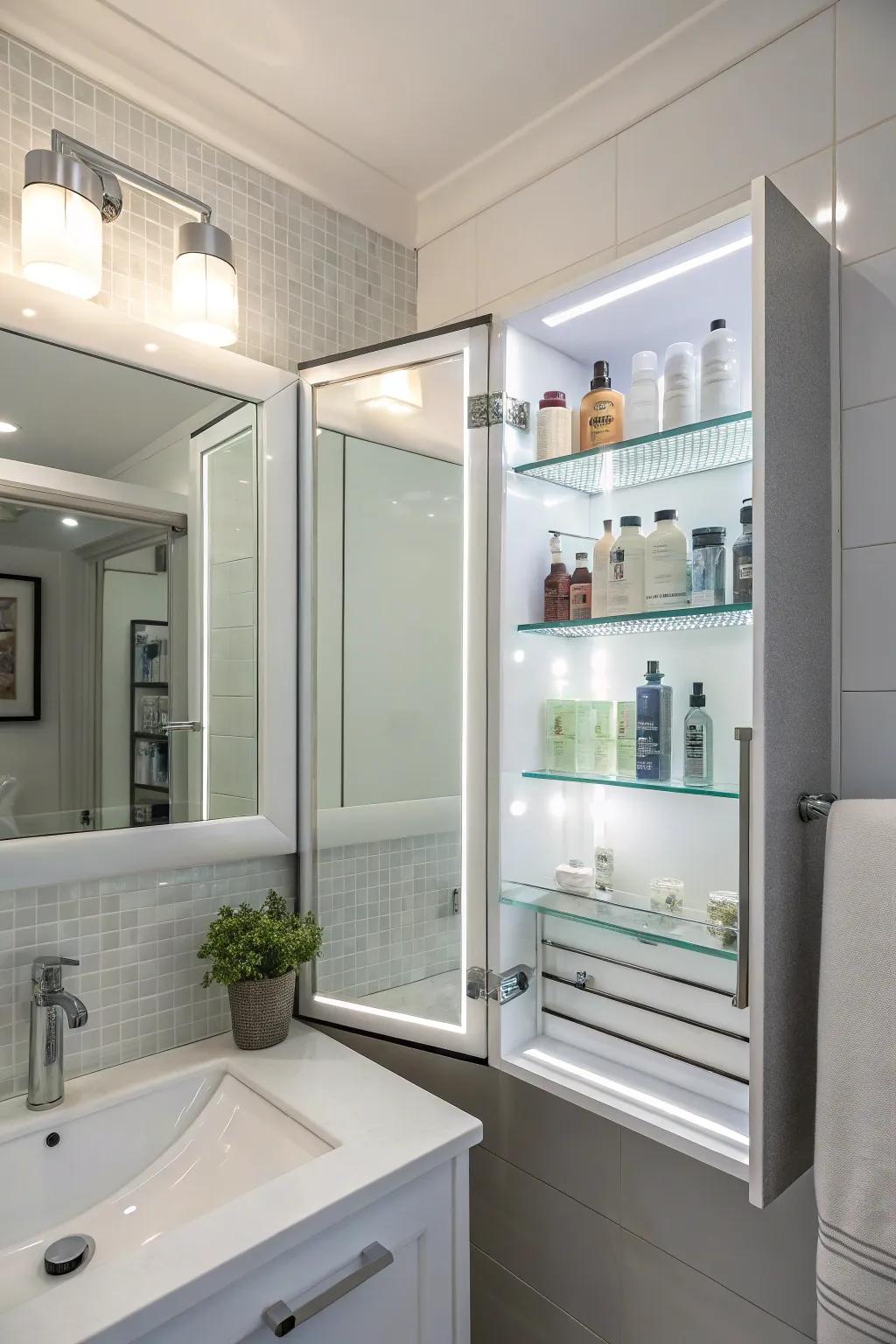 Integrated lighting makes a serene bathroom setting.