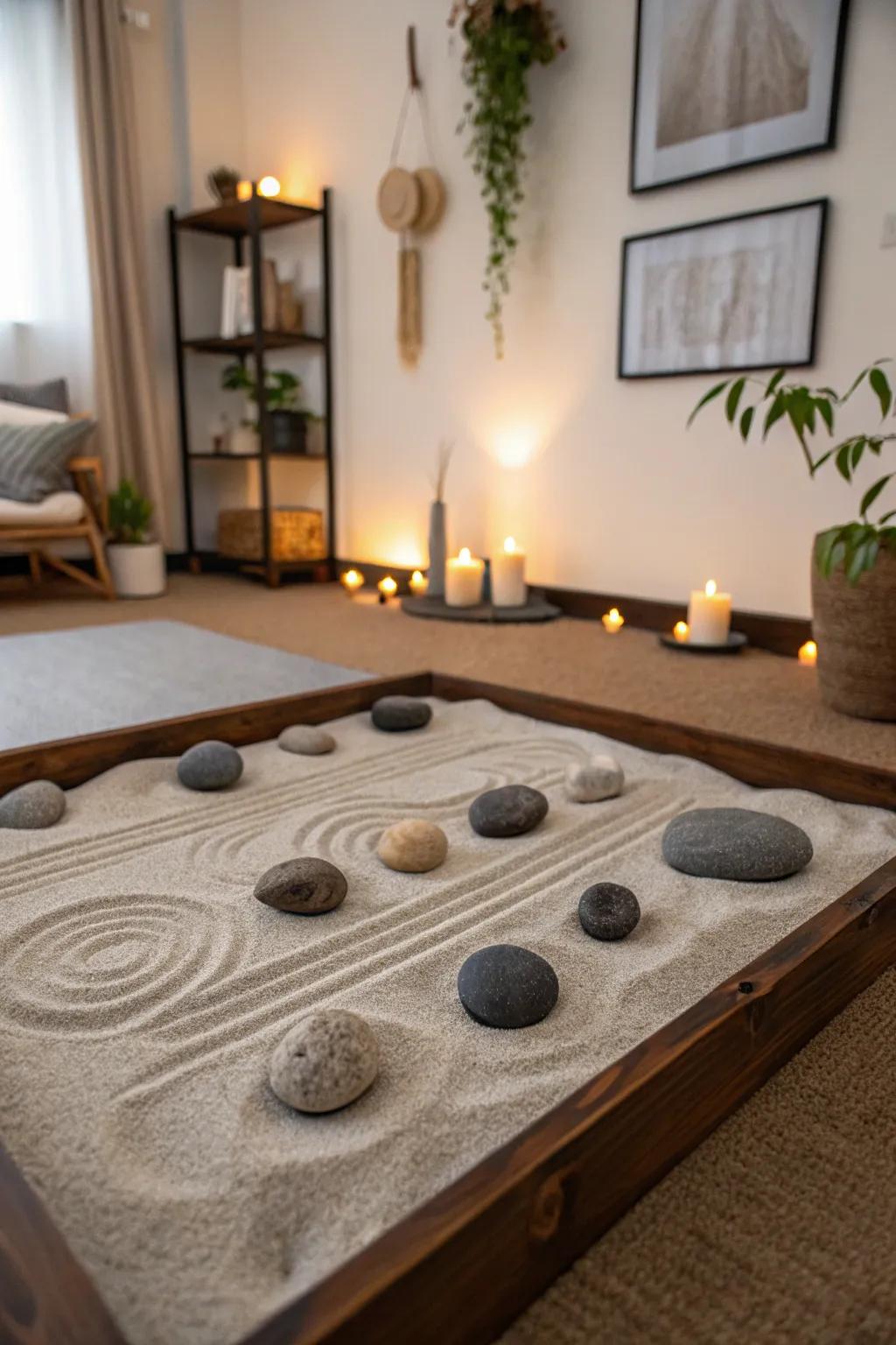 A meditation space with a DIY Zen garden.