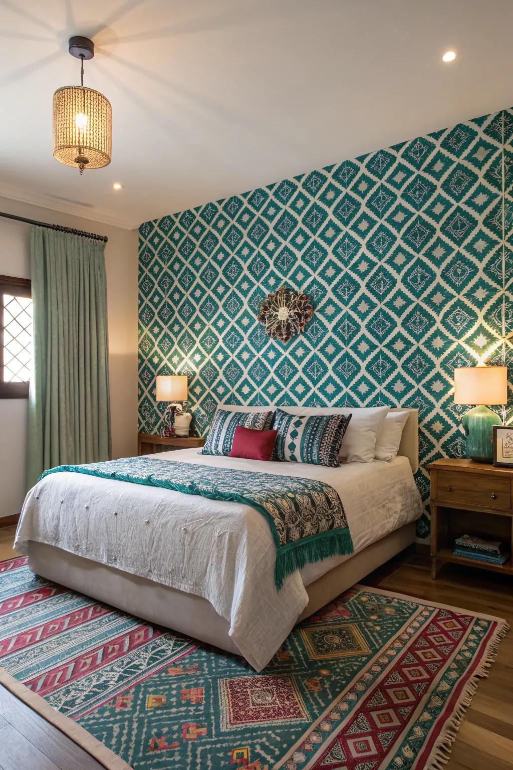 A bedroom showcasing strikingly patterned wall coverings.