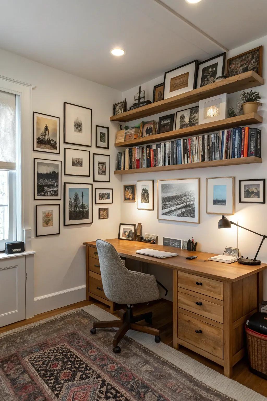 A gallery wall adds both inspiration and style to this office.