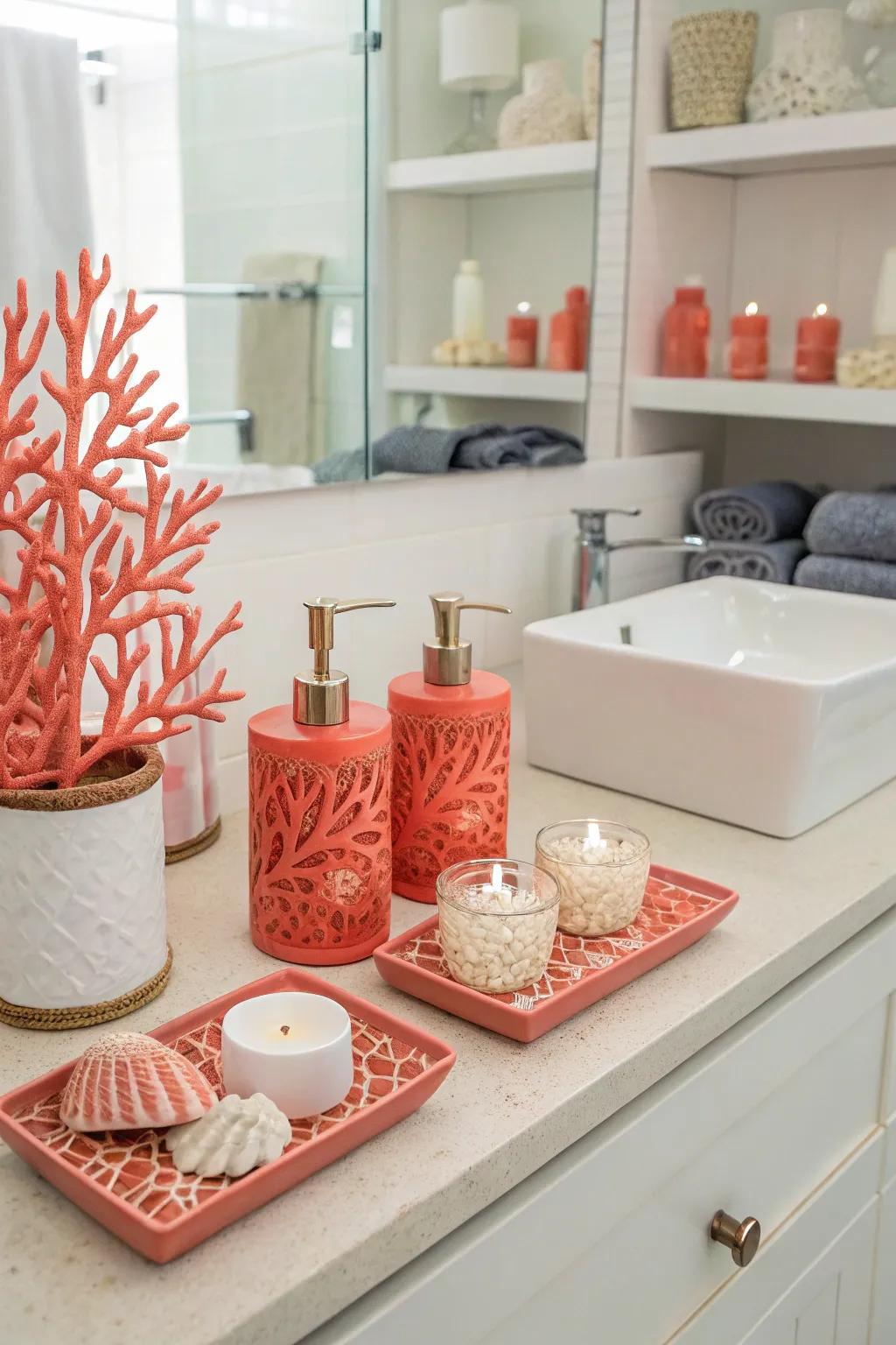 Coral touches contribute dimension and texture to a mermaid bathroom.