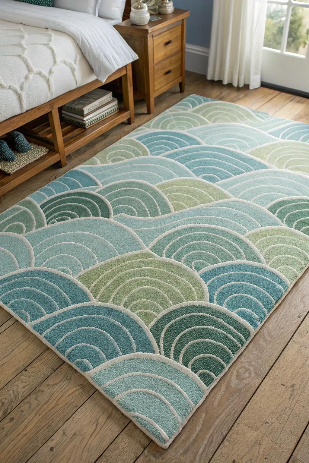 Wave designs beneath create an oceanic sensation.